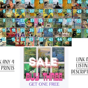 May include: A collage of 57 different cat-themed paintings, each in a square frame. The paintings are arranged in a grid pattern. The text "PICK ANY 4 CAT PRINTS" is at the bottom left of the image. The text "SALE BUY THREE GET ONE FREE" is in the center of the image. The text "LINK IN LISTING DESCRIPTION" is at the bottom right of the image.