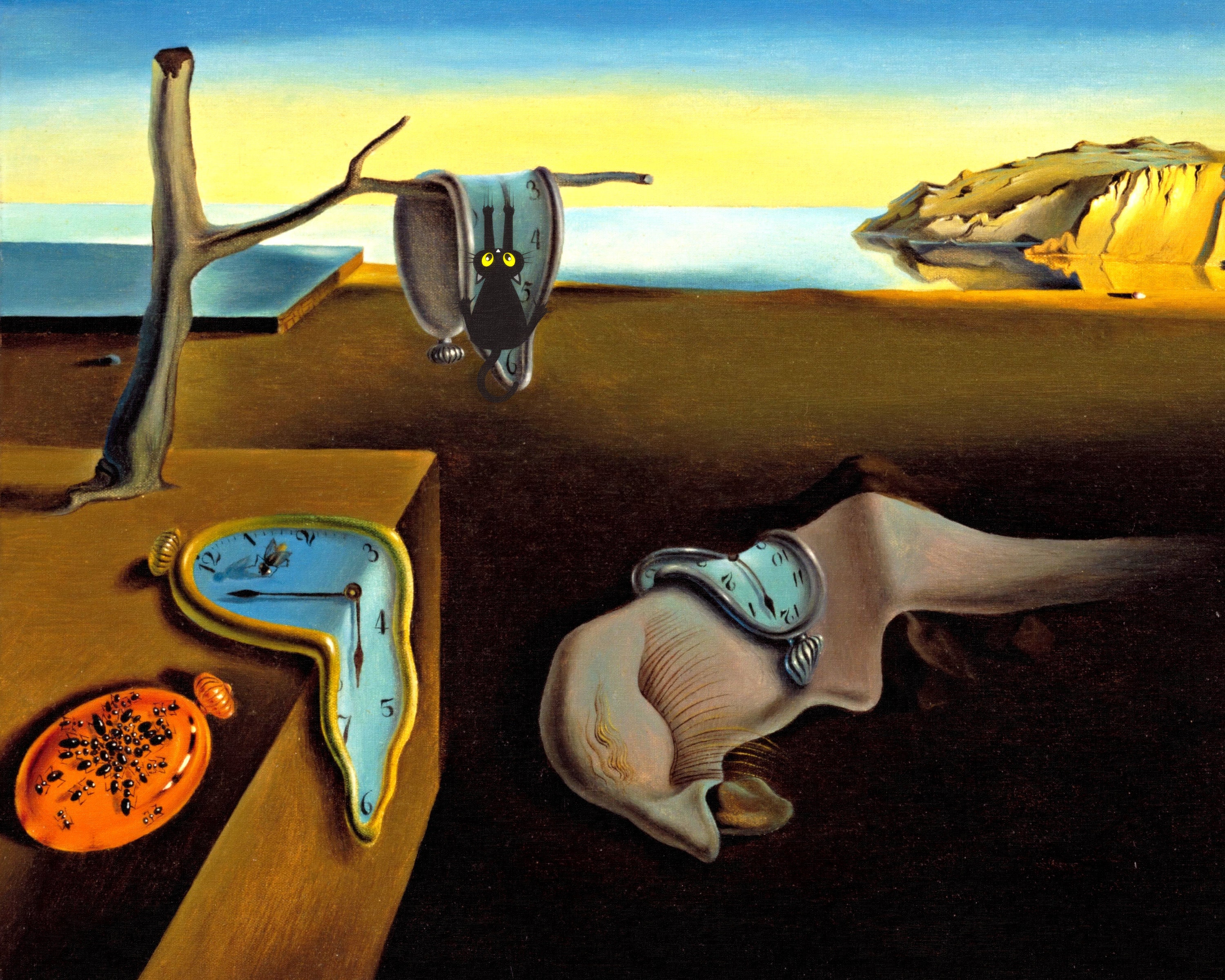 Dali Cat Art Print: Persistence of Memory, Surrealist Black Cat Poster ...