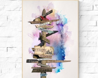 Fantasy Sign Post. Nursery Wall art, children&#39;s literature decor. Nursery decor. Fantasy worlds art. Narnia poster. Fantasy literature art