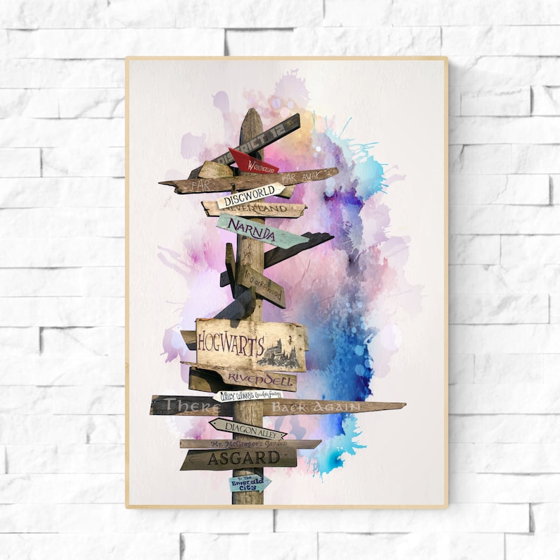 May include: A watercolour painting of a wooden signpost with multiple directional signs pointing to different fictional locations, including Hogwarts, Narnia, Discworld, and Asgard. The background is a watercolour wash of pink, blue, and purple.