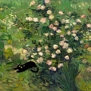 Vincent Van Gogh&#39;s Roses 1889 Cat Print, Van Gogh Cat Poster, Black Cat Art, Floral Print, Funny Cat print, Funny gift, Home decor Poster
