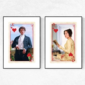 Pair of Darcy and Elizabeth Playing Card Art Prints. Card Art. Famous Literary Couples. Jane Austen Lover gift. Darcy Wall art.