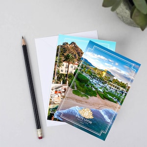 White Lotus Hotels Greeting Card Set. Set of 3 of blank inside greeting cards from the White Lotus Fictional Hotel chain. Hotel stationery