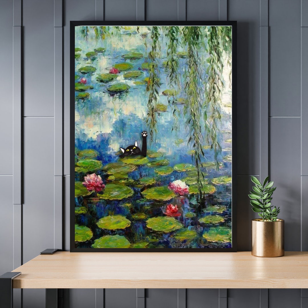 Monet Water Lilies Black Cat Art Print: Funny Cat Lover Gift (digital ...