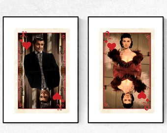 Pair of Scarlett and Rhett Portrait Playing Card Art Prints. Card Art. Famous Literary Couples. Gone with the Wind Film Art