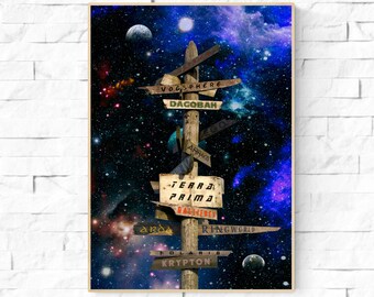 Fictional Planet Signpost. Science Fiction Destination Poster. Space art print. Dagobah, Gallifrey, Solaris, Krypton, Arrakis, Dune, Caprica