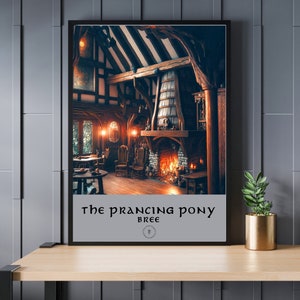 May include: A framed illustration of a cosy tavern interior with a large fireplace, wooden beams, and a sign that reads "The Prancing Pony, Bree".