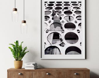 Black Cat Art Print: Brutalist Architecture, Funny Cat Lover Gift