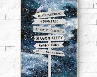DESTINATION POSTERS, WIZARD Village Diagon Alley Directional Sign Digital Download Poster, Aesthetic Hedwing Magical Sign Print