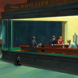 Può includere: Un dipinto di un diner di notte con quattro persone sedute al bancone. Il diner ha un'insegna verde con la scritta "PHILLIES". C'è un gatto nero seduto sul marciapiede davanti al diner.