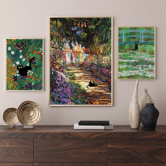 クリムトのガーデンキャットアートプリント：面白い黒猫の花柄ウォール
