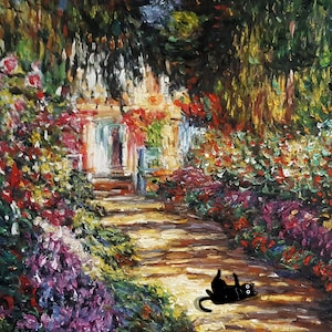May include: A painting of a garden path with a black cat lying on the path. The path is lined with colorful flowers and trees. The painting is done in a style reminiscent of Impressionism.