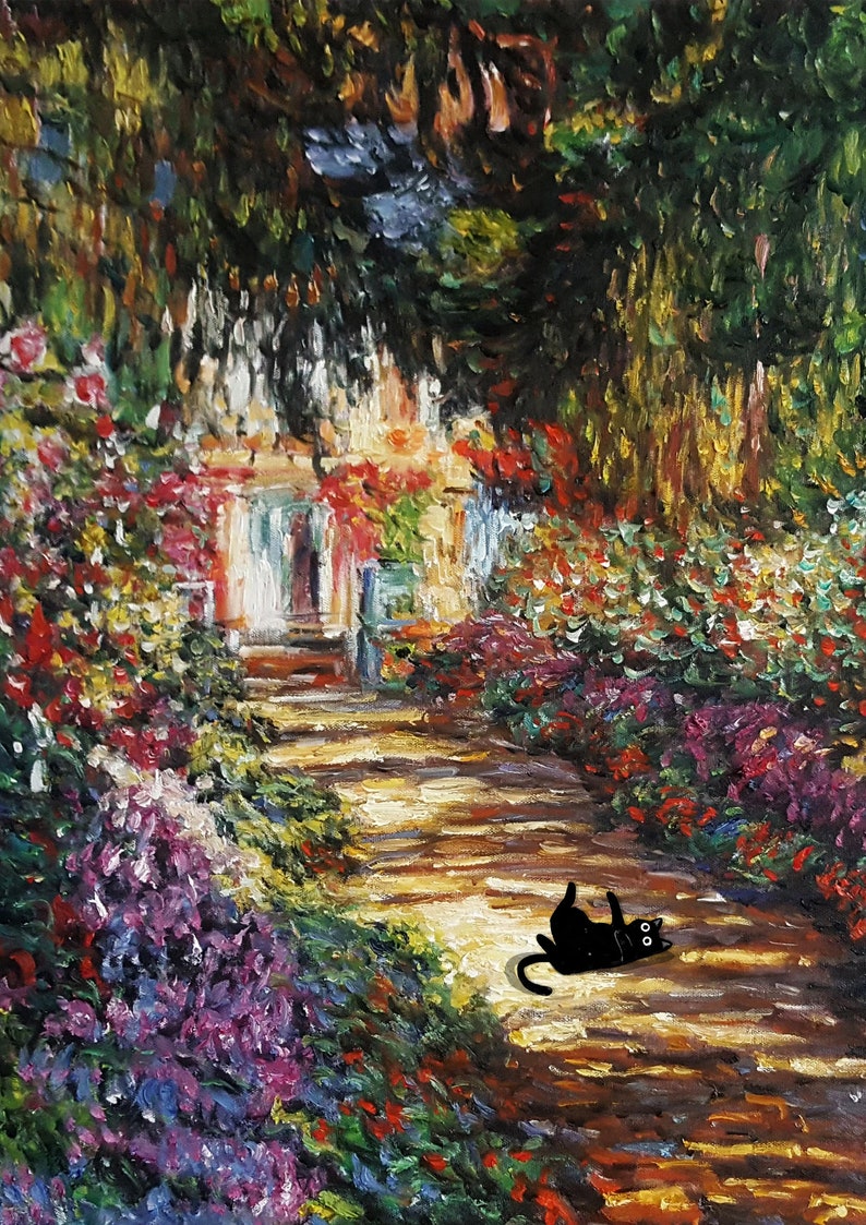 May include: A painting of a garden path with a black cat lying on the path. The path is lined with colorful flowers and trees. The painting is done in a style reminiscent of Impressionism.