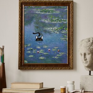 Monet Water Lilies Cat Art Print: Funny Black Cat Poster (digital ...