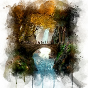 K&ouml;nnte beinhalten: Ein Aquarellbild einer Steinbr&uuml;cke &uuml;ber einen rei&szlig;enden Fluss mit einem Wasserfall im Hintergrund. Die Br&uuml;cke ist von &uuml;ppigem Gr&uuml;n und einem hohen Baum mit gelben Bl&auml;ttern umgeben. Die Szene ist in einem weichen, vertr&auml;umten Stil gemalt.