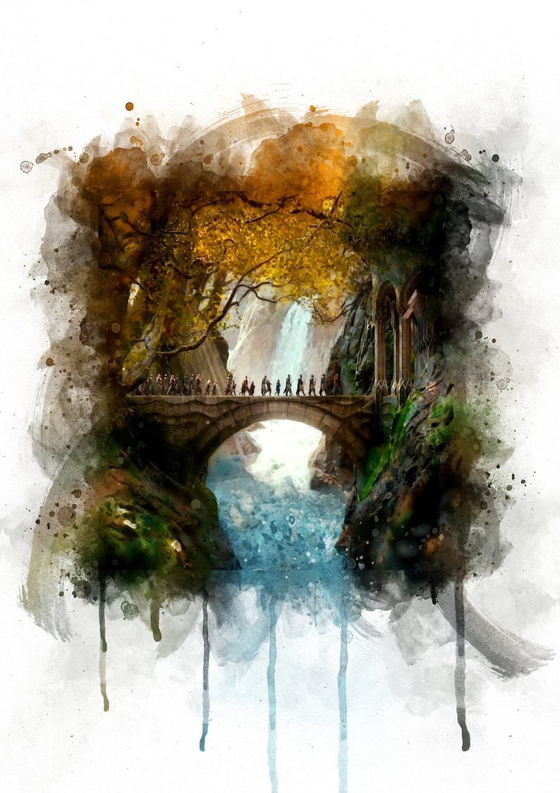K&ouml;nnte beinhalten: Ein Aquarellbild einer Steinbr&uuml;cke &uuml;ber einen rei&szlig;enden Fluss mit einem Wasserfall im Hintergrund. Die Br&uuml;cke ist von &uuml;ppigem Gr&uuml;n und einem hohen Baum mit gelben Bl&auml;ttern umgeben. Die Szene ist in einem weichen, vertr&auml;umten Stil gemalt.