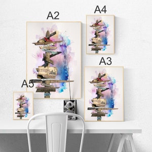 May include: A watercolour painting of a wooden signpost with multiple directional signs pointing to different fictional worlds, including Narnia, Hogwarts, Asgard, and Neverland. The signpost is set against a background of pink and blue watercolour washes.
