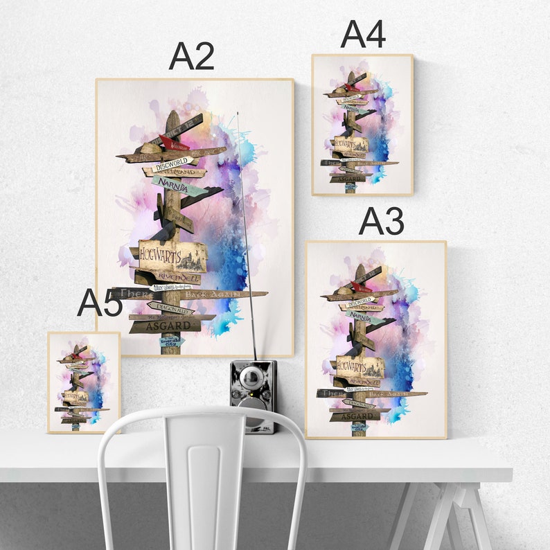 May include: A watercolour painting of a wooden signpost with multiple directional signs pointing to different fictional worlds, including Narnia, Hogwarts, Asgard, and Neverland. The signpost is set against a background of pink and blue watercolour washes.