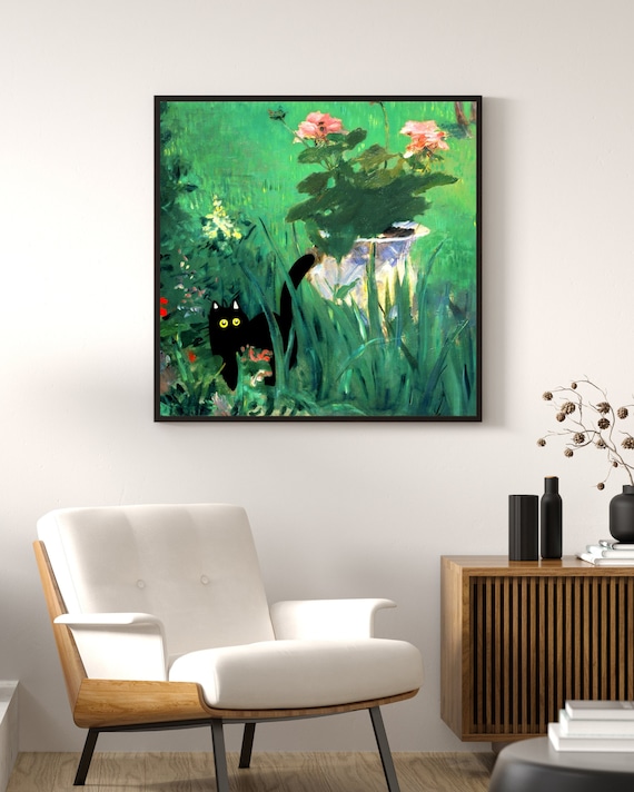 花の中の猫 エドゥアール・マネ、猫のポスター、黒猫アート、花柄、庭