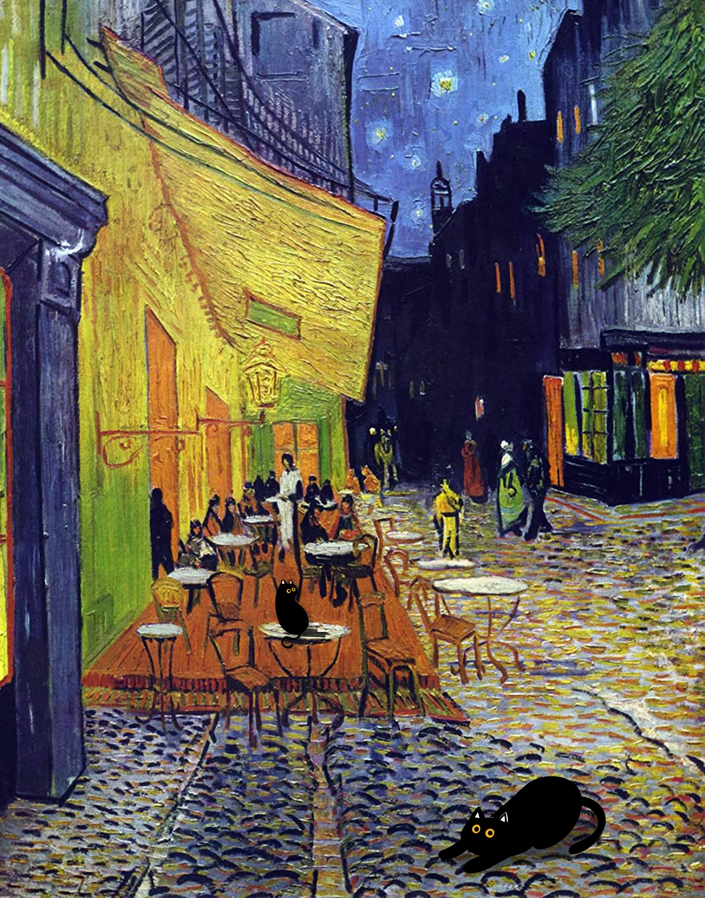 フィンセント・ファン・ゴッホの「夜のカフェテラス」の猫のプリント