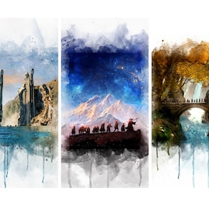 K&ouml;nnte beinhalten: Ein Aquarellbild mit drei Szenen aus Herr der Ringe. Die erste Szene zeigt die beiden T&uuml;rme von Minas Tirith. Die zweite Szene zeigt die Gef&auml;hrten des Rings, die &uuml;ber eine schneebedeckte Bergkette gehen. Die dritte Szene zeigt die Gef&auml;hrten, die eine Br&uuml;cke &uuml;ber einen Wasserfall &uuml;berqueren.