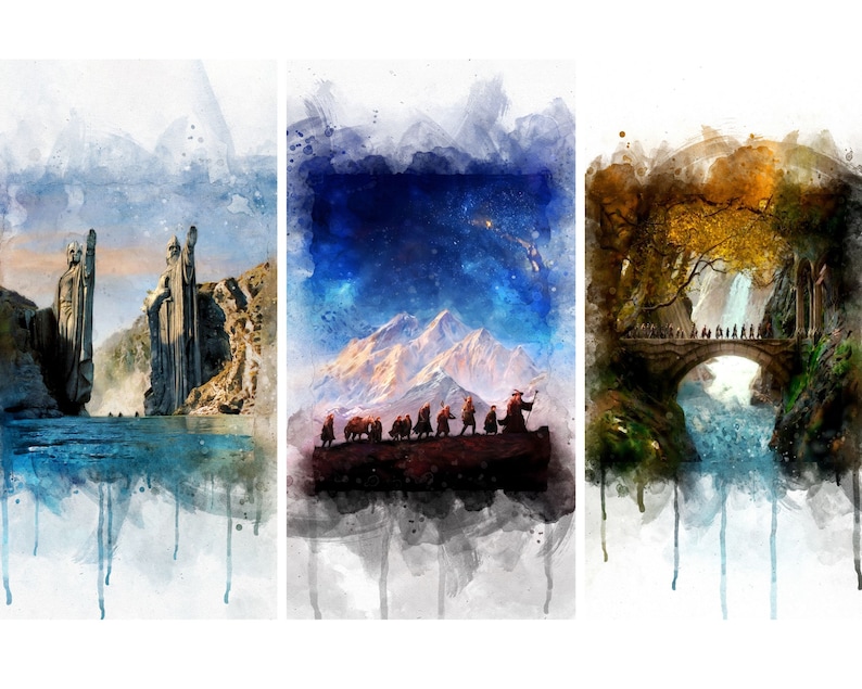 K&ouml;nnte beinhalten: Ein Aquarellbild mit drei Szenen aus Herr der Ringe. Die erste Szene zeigt die beiden T&uuml;rme von Minas Tirith. Die zweite Szene zeigt die Gef&auml;hrten des Rings, die &uuml;ber eine schneebedeckte Bergkette gehen. Die dritte Szene zeigt die Gef&auml;hrten, die eine Br&uuml;cke &uuml;ber einen Wasserfall &uuml;berqueren.