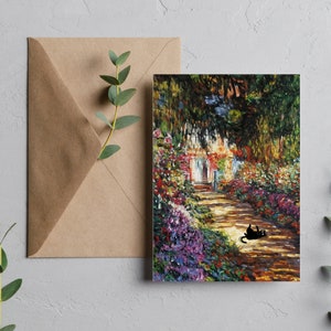 May include: A painting of a garden path with flowers on either side. The path leads to a white building in the distance. A black cat is lying on the path.