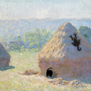 May include: A painting depicting a field with two haystacks. One haystack has a black cat climbing up the side and another black cat is peeking out from the bottom of the other haystack.