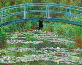 Monet Bridge over Water Lilies Cat Print, Black Cat Art Poster, Monet Cat Fun Gift, Funny Cat Print for Cat Lover