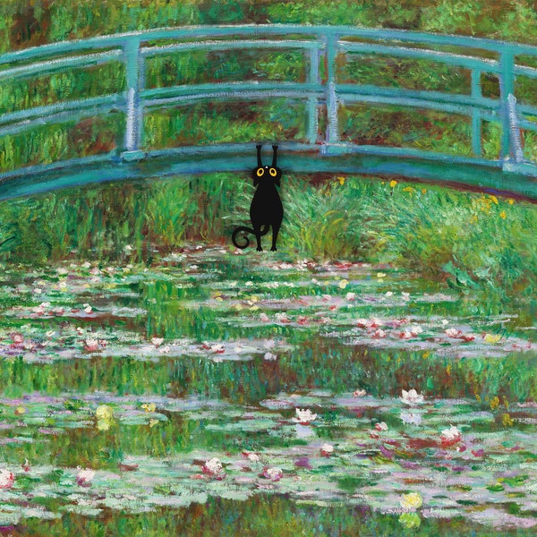 Monet brug over waterlelies kat print, zwarte kat kunst poster, Monet kat leuk cadeau, grappige kat print voor kattenliefhebber