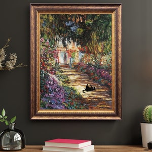 May include: A framed oil painting depicting a garden path lined with vibrant flowers and lush greenery. A black cat is lounging on the path in the foreground.