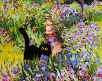 Claude Monet Le jardin d'iris à Giverny affiche drôle de chat, art de chat noir, cadeau d'amant de chat, impression drôle de chat, cadeau drôle, maman de chat de décor à la maison