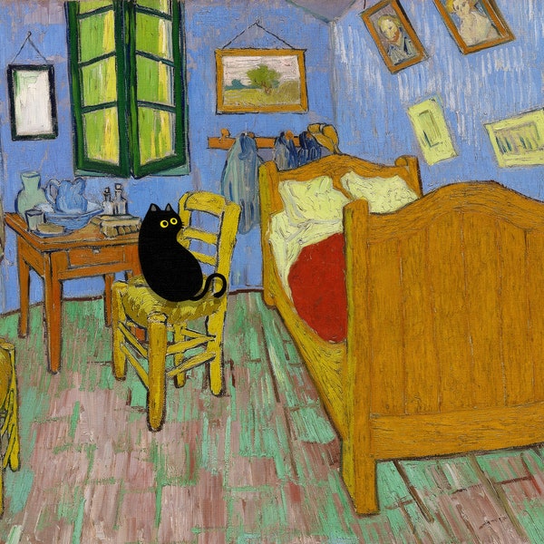 Vincent Van Gogh's Bedroom in Arles Cat Print, Van Gogh Cat Poster, Black Cat Art, funny greeting card, Funny Cat print, Funny gift, Home