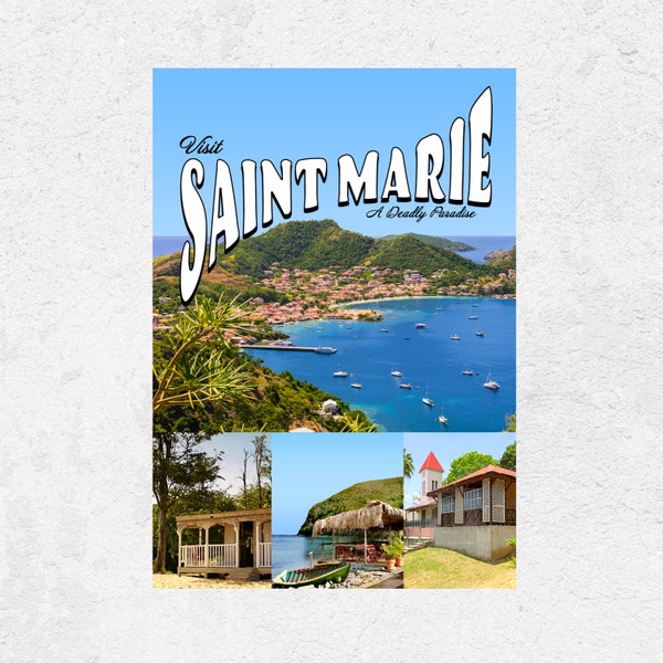 Death in Paradise Saint Marie Fictional Destination Travel Poster. Sun Sea Sand and Murder Art Print. Caribbean St Honoré Guadeloupe