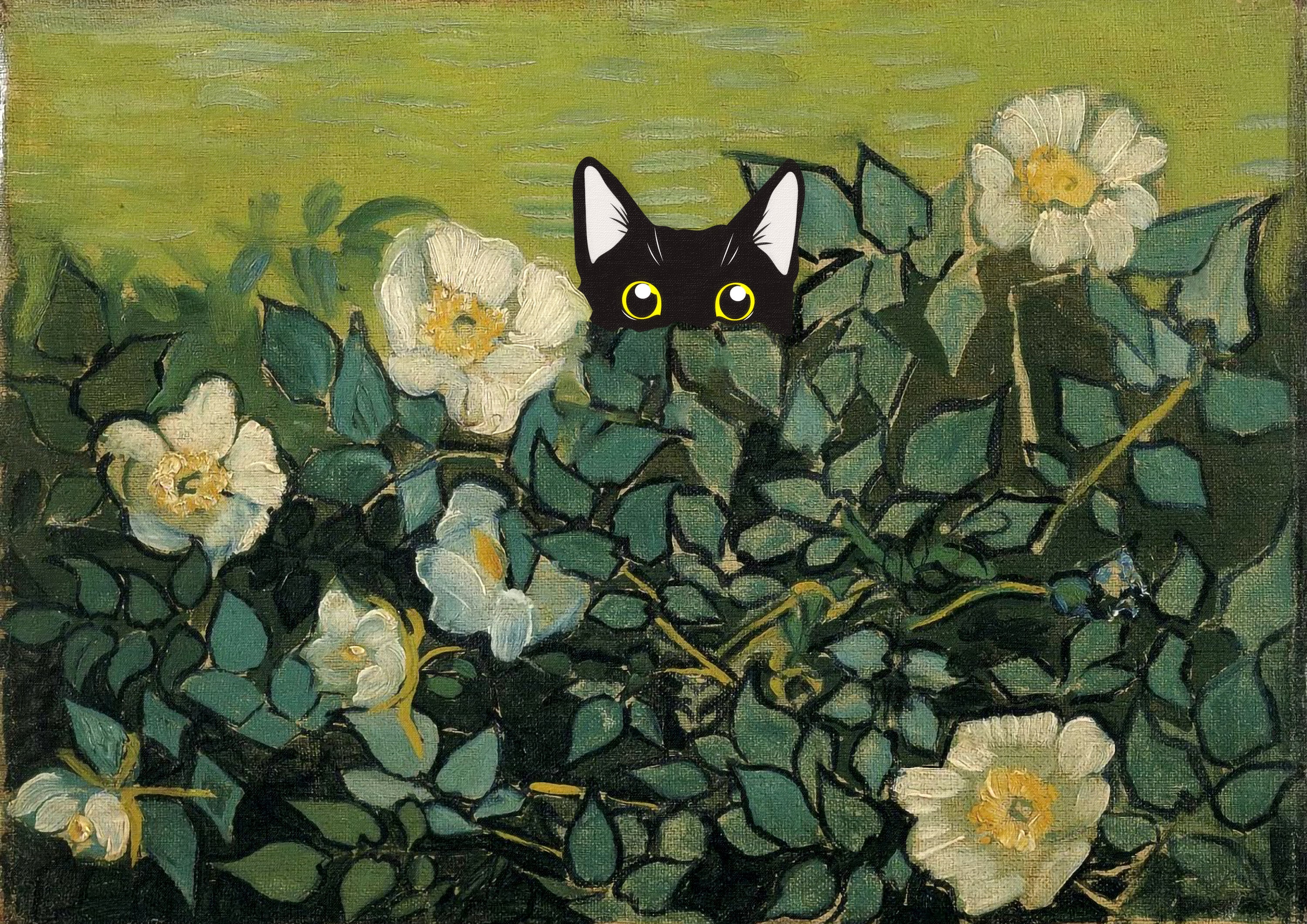 Van Gogh Cat Art Print: Wild Roses Funny Cat Poster (digital