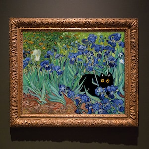 Vincent Van Gogh&#39;s Irises Cat Print, Van Gogh Cat Poster, Black Cat Art, Floral Print, Funny Cat print, Funny gift, Home decor Poster