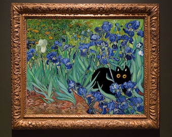Vincent Van Gogh&#39;s Irises Cat Print, Van Gogh Cat Poster, Black Cat Art, Floral Print, Funny Cat print, Funny gift, Home decor Poster