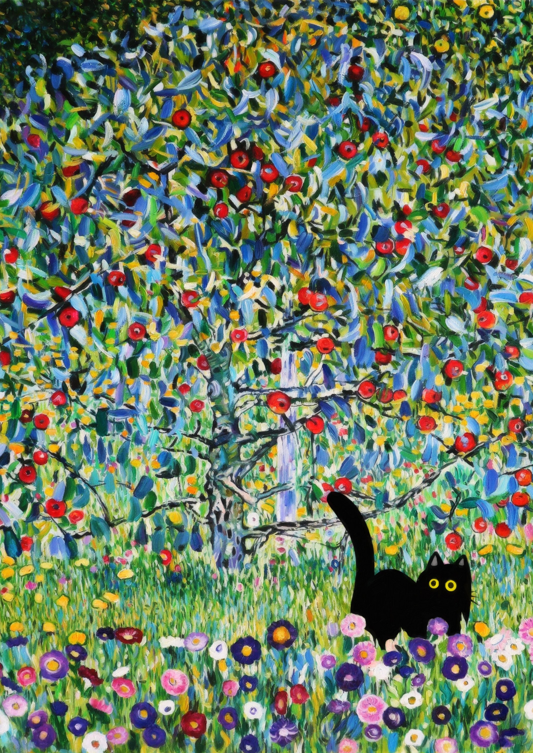 クリムトのリンゴの木の猫のプリント、クリムトの花の猫のポスター、黒