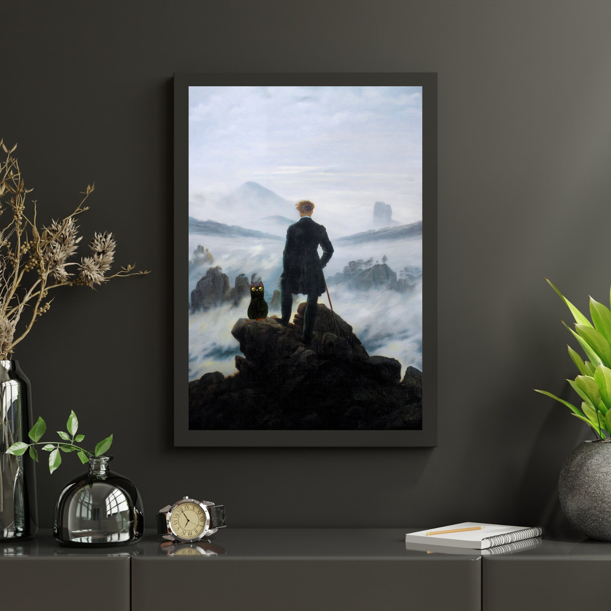 Fun Cat Art Print: Wanderer Above the Mists Parody (digital