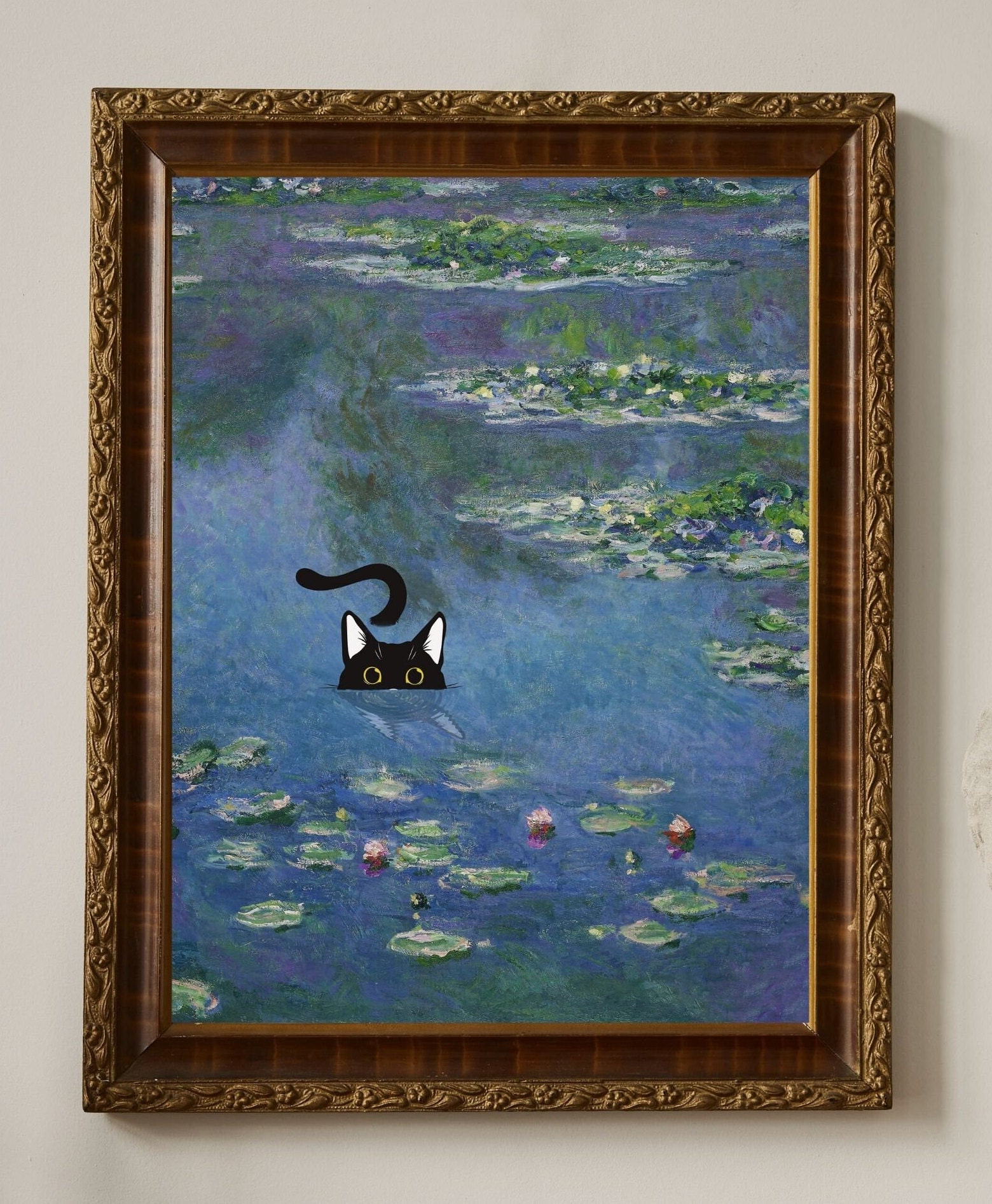 Monet Water lily Black Kitty Print, Claude Monet Cat Poster, Black Cat Art, Floral Print, Funny Cat print, Funny gift, Cat lover art Print