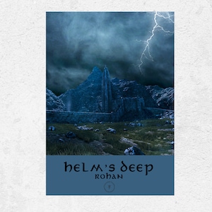 May include: A digital illustration of Helm's Deep, a fortress in the fictional world of Middle-earth. The fortress is depicted as a large, imposing structure with tall towers and thick walls. The sky is dark and stormy, with lightning flashing in the distance. The text "Helm's Deep" and "Rohan" are written in a stylized font at the bottom of the image.