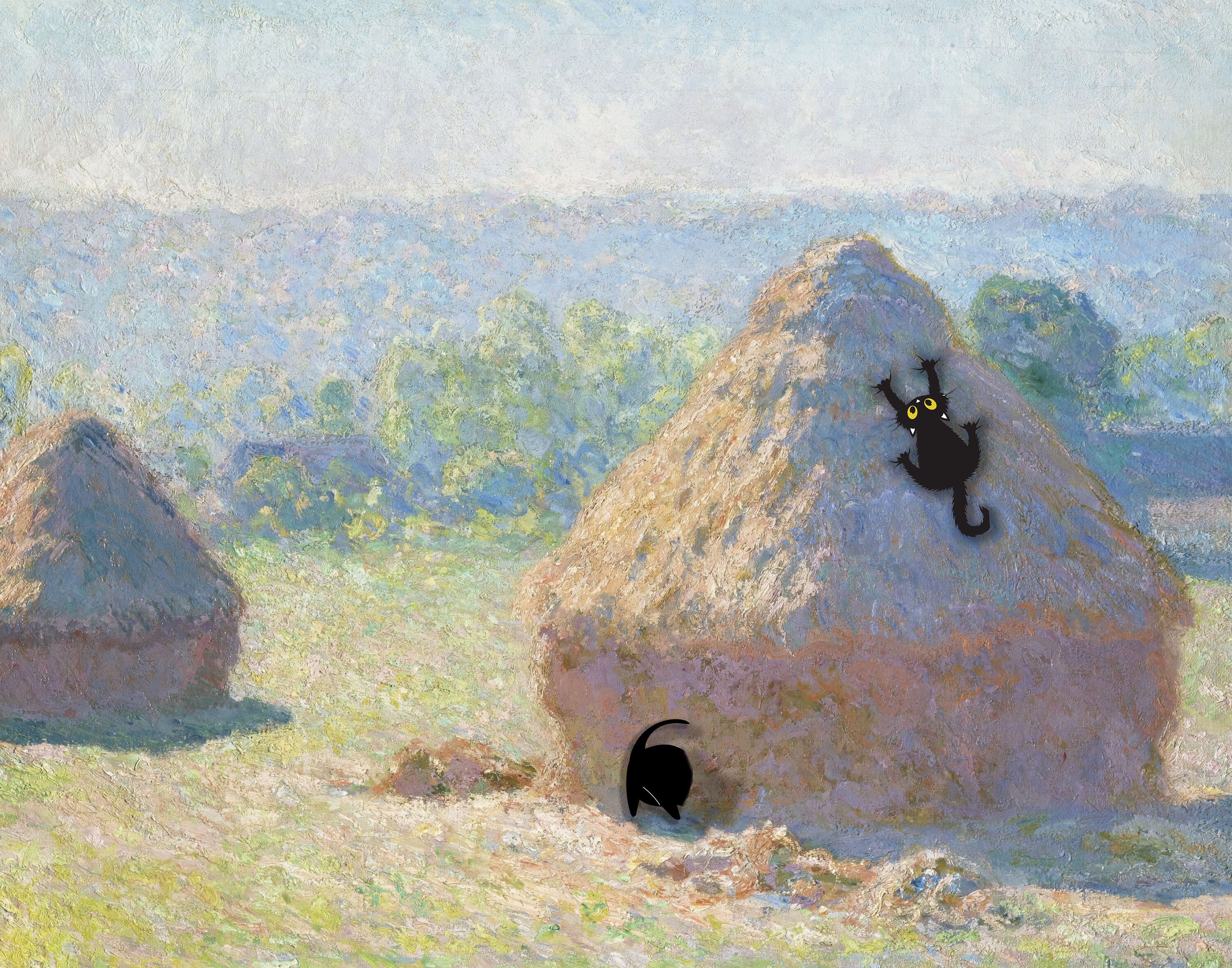 ジヴェルニーの積みわら、モネの庭の猫のプリント、黒猫アート