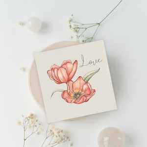 Tarjeta pintada a mano con acuarela botánica, tarjetas de felicitación de bellas artes, tarjeta de amor, obra de arte impresa con tulipanes cuadrados