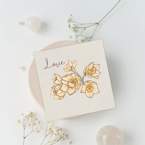 Tarjeta pintada a mano con acuarela botánica, tarjetas de felicitación de bellas artes, tarjeta de amor, obra de arte impresa con narcisos cuadrados