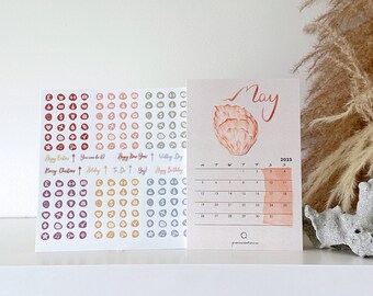 Serene Seaside 16 months Desk Calendar with mini stickers,  2026 / 2027 Shells & Seaweed Illustrations