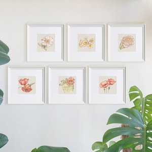 Botanical Print Set, Set of 6 Squared Watercolour Prints, Floral Wall Art, Fine Art Giclée Print, Watercolour Painting