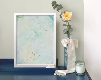Stampa ad acquerello con paesaggio marino incorniciato, dipinto rilassante sulla spiaggia, decorazione murale turchese e verde