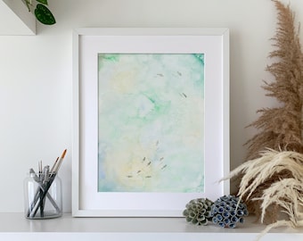 Seascape Watercolour Print, Minorca Underwater Life Painting, Calming Blue and Green Hues Wall Art