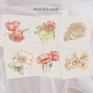 Paquete de 6 tarjetas de felicitación florales, arte botánico en acuarela, tarjetas de felicitación de bellas artes, obra de arte impresa con rosas cuadradas, tarjetas para el Día de la Madre
