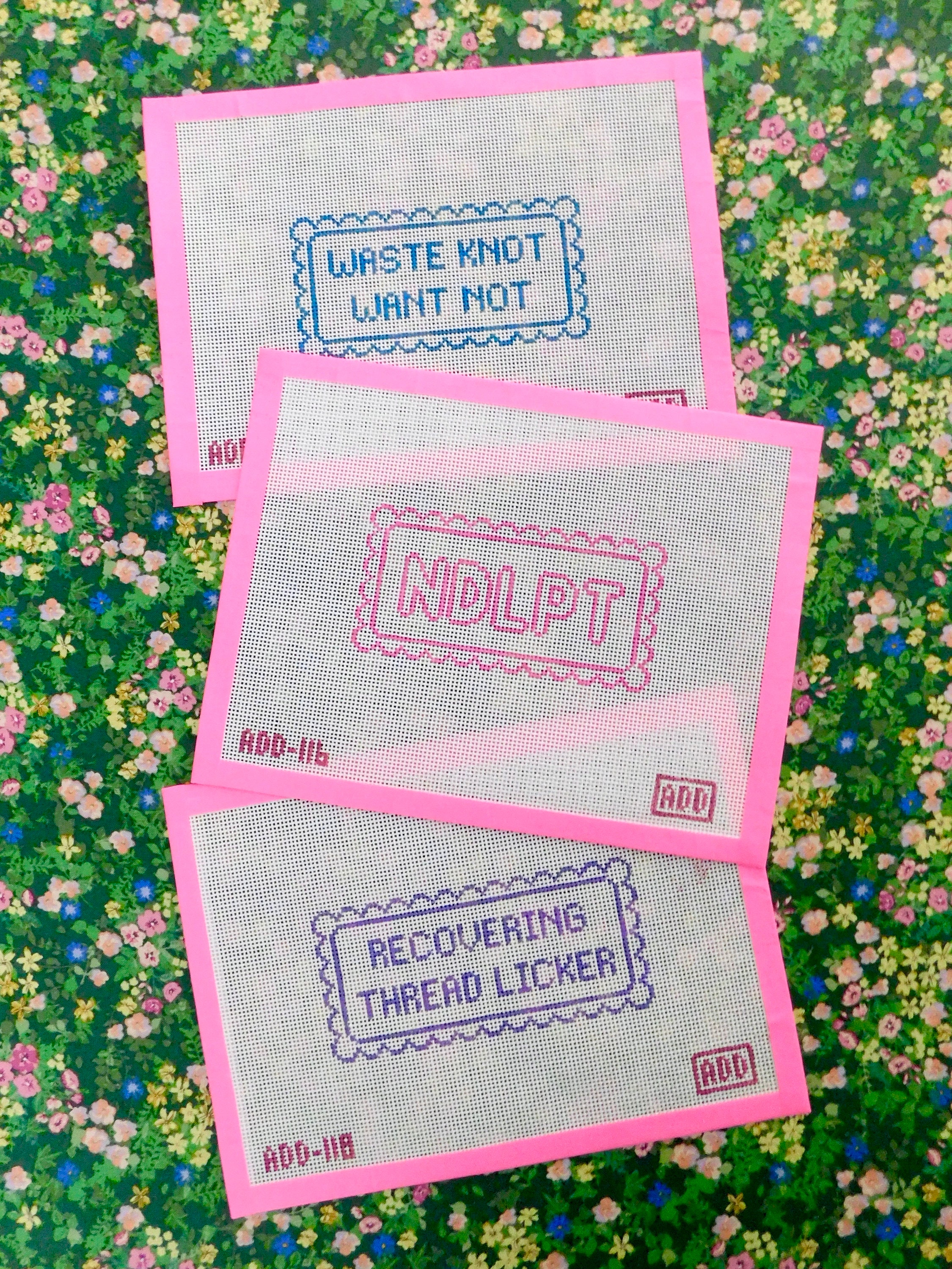 Needlepoint Lovers, NDLPT, Waste Knot Want Not, Recovering Thread Licker, funny cheeky Handpainted Needlepoint Canvas